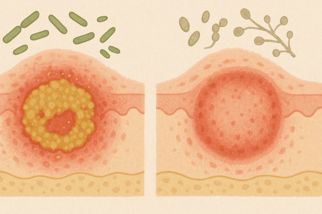 Side-by-side skin diagram showing bacterial and fungal infections on eczema-affected skin, supporting eczema alternative healing awareness.