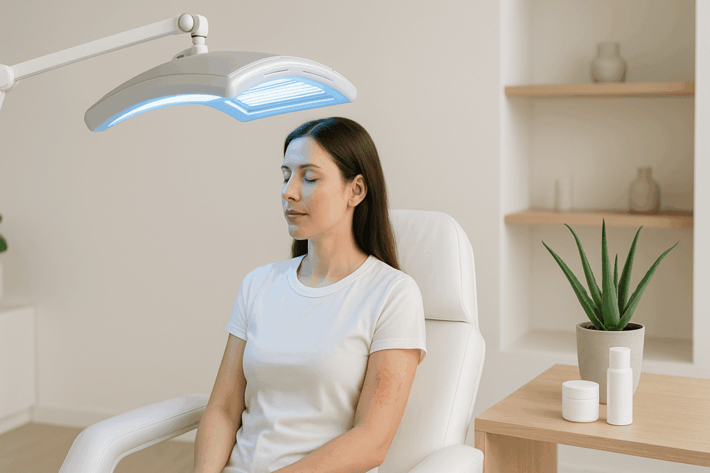 Woman receiving UVB phototherapy in a modern holistic clinic with aloe vera and topical creams, illustrating eczema alternative healing