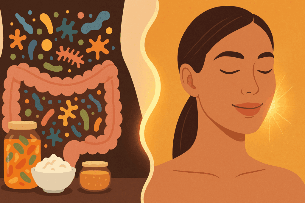 Split-scene illustration showing gut microbiome with fermented foods beside a woman’s glowing skin, symbolizing eczema alternative healing.