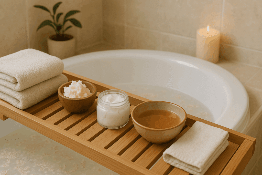 Serene bathroom with an oatmeal bath, wooden tray holding shea butter, coconut oil, apple cider vinegar, and soft towels for eczema alternative healing.