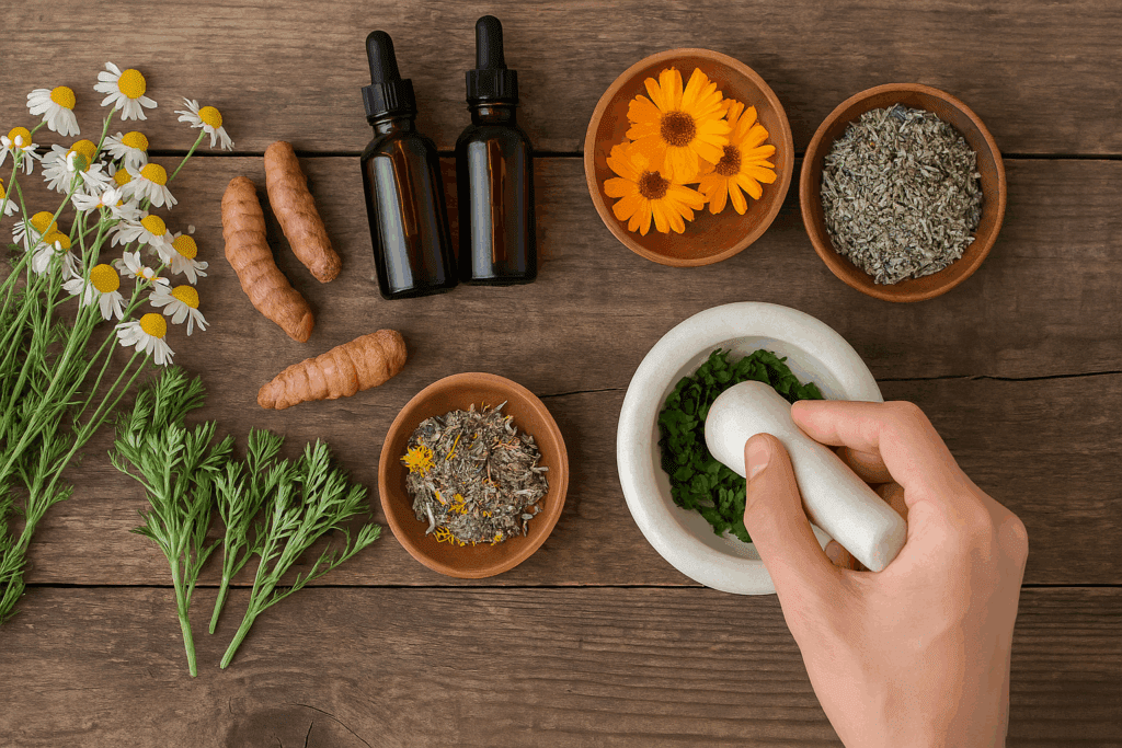 Herbal remedy ingredients for eczema alternative healing arranged on a rustic table, including chamomile, calendula, turmeric, dried herbs, amber dropper bottles, and a mortar and pestle in use.