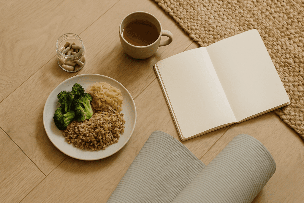 Holistic eczema alternative healing essentials laid out in a cozy home setting, featuring herbal supplements, fermented foods, calming tea, a yoga mat, and wellness journal.