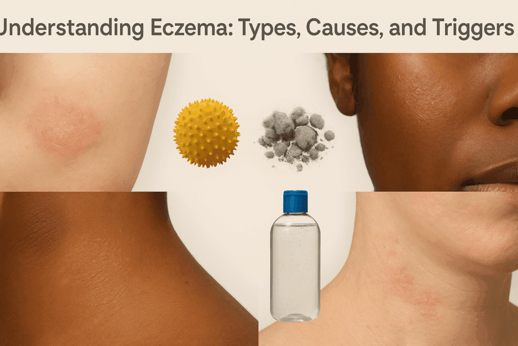 Close-up collage of diverse skin tones with mild eczema symptoms alongside natural eczema alternative healing triggers like pollen, dust, and detergent.
