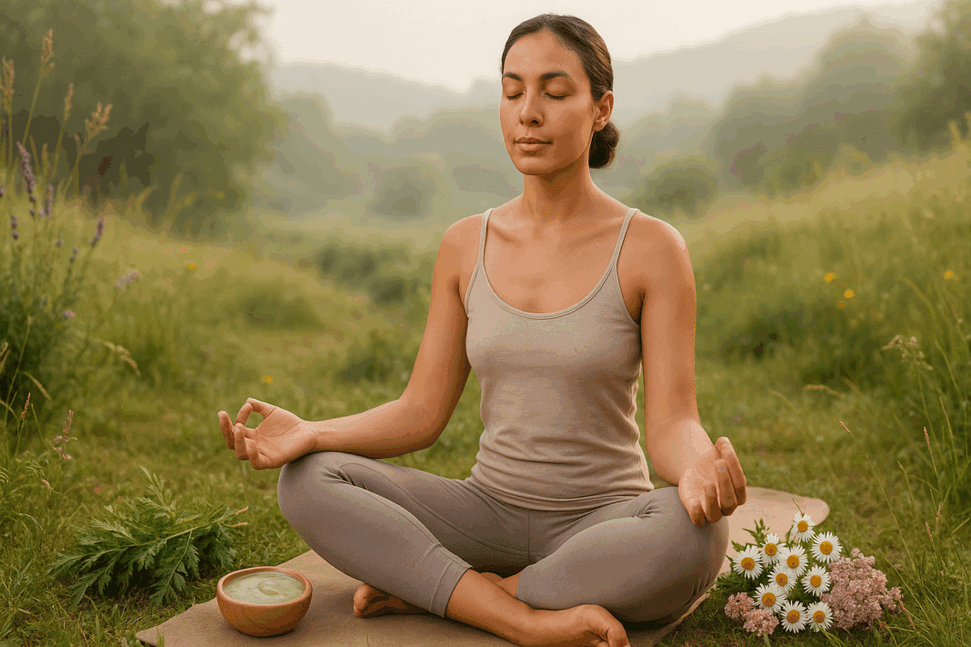 Woman with clear skin meditating in nature at sunrise, surrounded by herbs, flowers, and balm, symbolizing eczema alternative healing