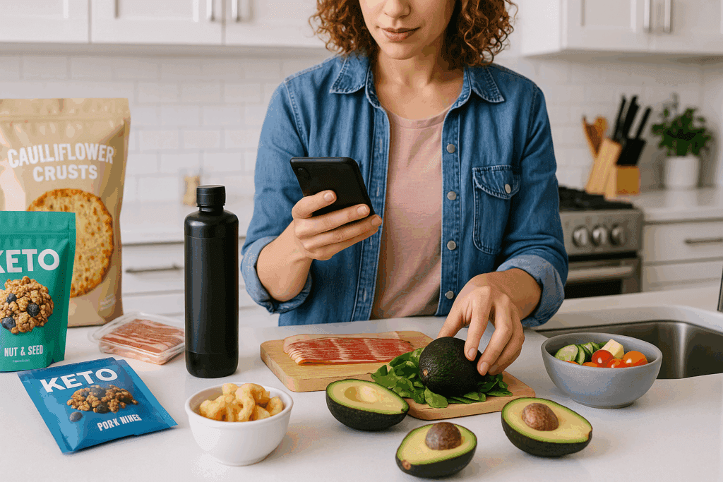 Young woman preparing a low-carb meal in a modern kitchen with keto snacks and ingredients, reflecting the lifestyle resurgence tied to what year was the keto diet popular again.