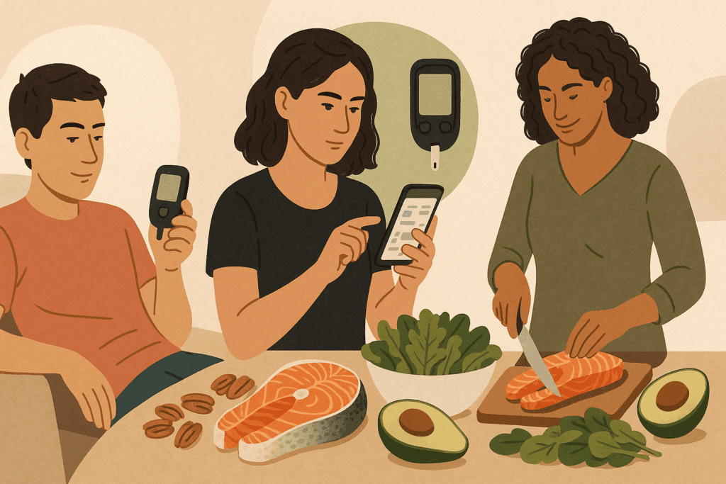 Modern collage of three people practicing different keto lifestyles, illustrating the evolution of what year was the keto diet with macro tracking, ketone meters, and clean eating