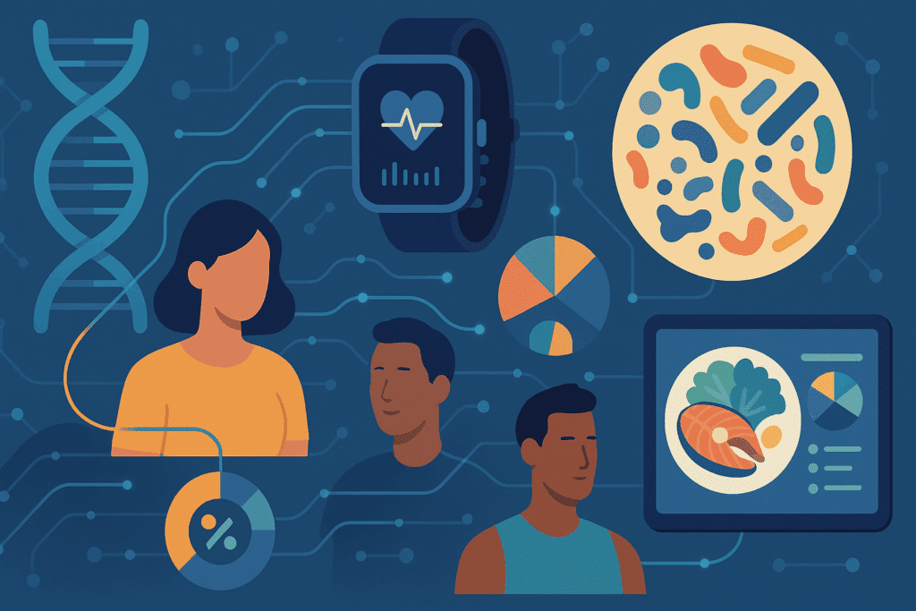 Illustration showing the future of personalized nutrition with DNA helix, gut microbiome, wearables, and diverse individuals connected to digital meal planning tools, reflecting how technology advances the keto lifestyle and raises questions like what year was the keto diet scientifically refined.