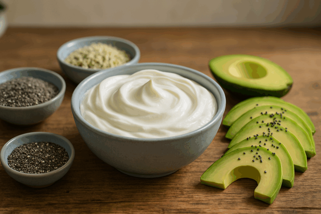 Full-fat Greek yogurt in a bowl with avocado slices, chia seeds, and hemp hearts on a rustic table—answering the question, is yogurt keto friendly.