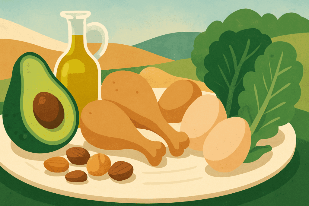 Plate illustrating the ketogenic diet with avocados, olive oil, nuts, eggs, chicken, and leafy greens, exploring the concept behind “Is yogurt keto friendly”