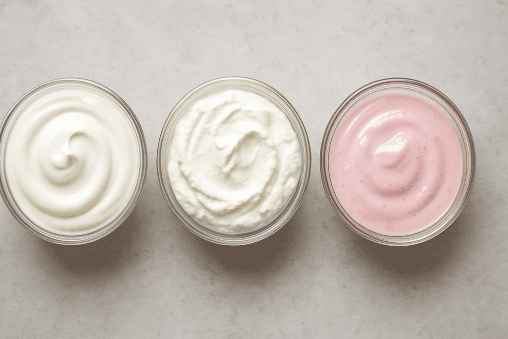 Three types of yogurt—full-fat Greek, Icelandic skyr, and sweetened fruit yogurt—highlighting texture and fat content for the question: is yogurt keto friendly