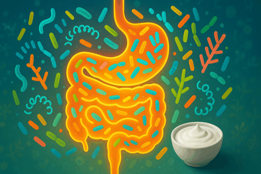 Conceptual illustration of a glowing human gut with colorful probiotic bacteria and a bowl of yogurt, exploring the question: is yogurt keto friendly.