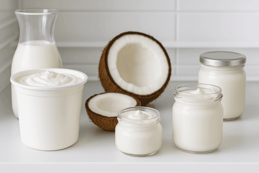 Assorted keto-friendly yogurts including full-fat Greek, coconut, and plain artisanal yogurt jars on a white kitchen counter, illustrating is yogurt keto friendly options.