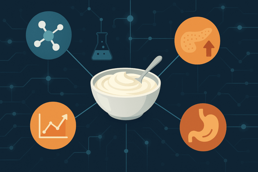 Conceptual infographic illustrating scientific links between yogurt and metabolic health, supporting the question: is yogurt keto friendly