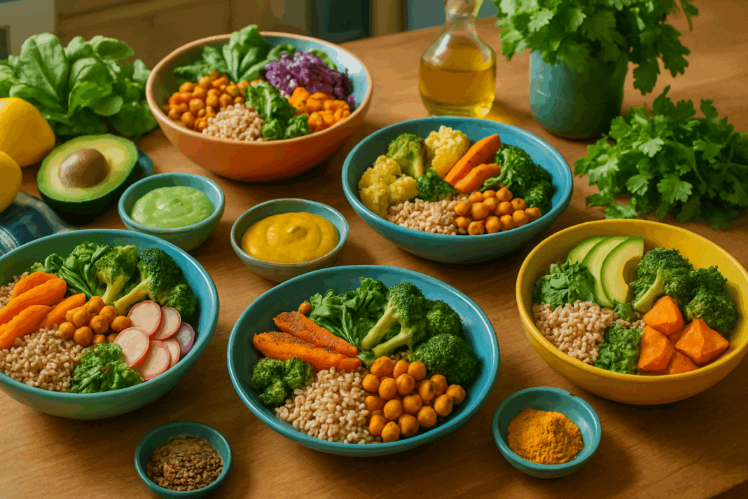 Colorful bowls of healthy food with flavor arranged on a wooden table, featuring grains, roasted vegetables, avocado, herbs, and spices in natural lighting.