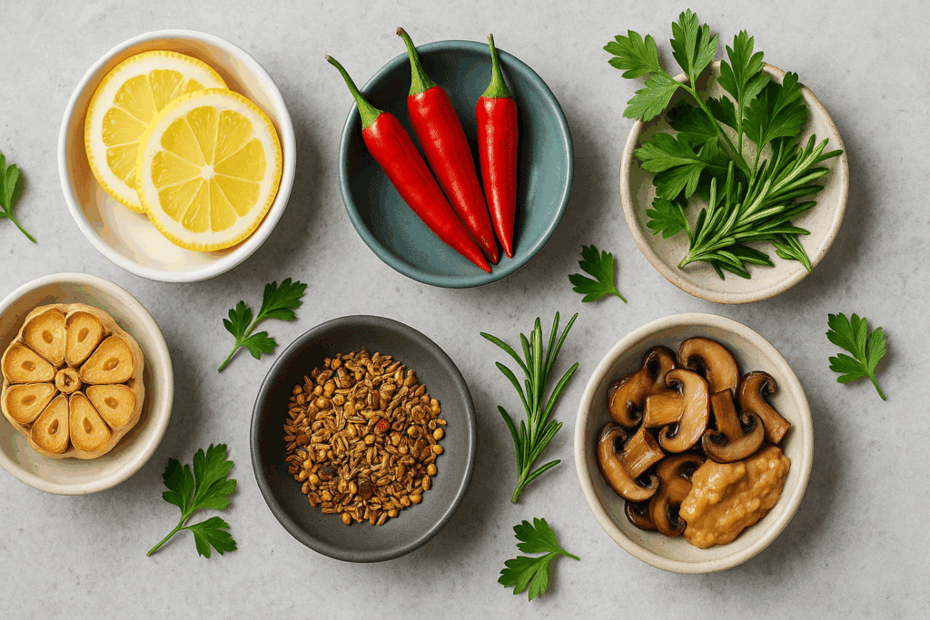 Flat lay of lemon slices, chili peppers, fresh herbs, roasted garlic, toasted spices, and mushrooms with miso, showcasing healthy food with flavor through vibrant natural ingredients.