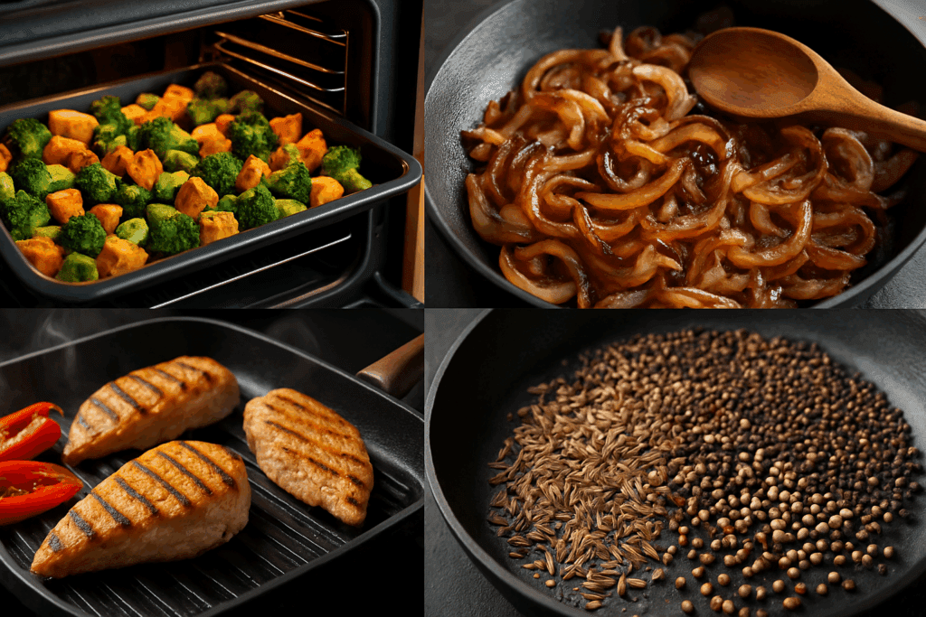 Split-view collage of healthy food with flavor showing roasted vegetables, caramelized onions, grilled chicken, and toasted spices.