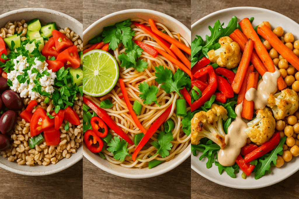 Colorful collage of healthy food with flavor, featuring a Mediterranean grain bowl with olives and herbs, a Southeast Asian noodle salad with lime and chili, and a Middle Eastern roasted vegetable plate with tahini.