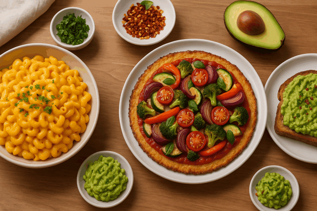 Butternut squash mac and cheese, cauliflower crust veggie pizza, and avocado toast plated together as examples of healthy food with flavor.