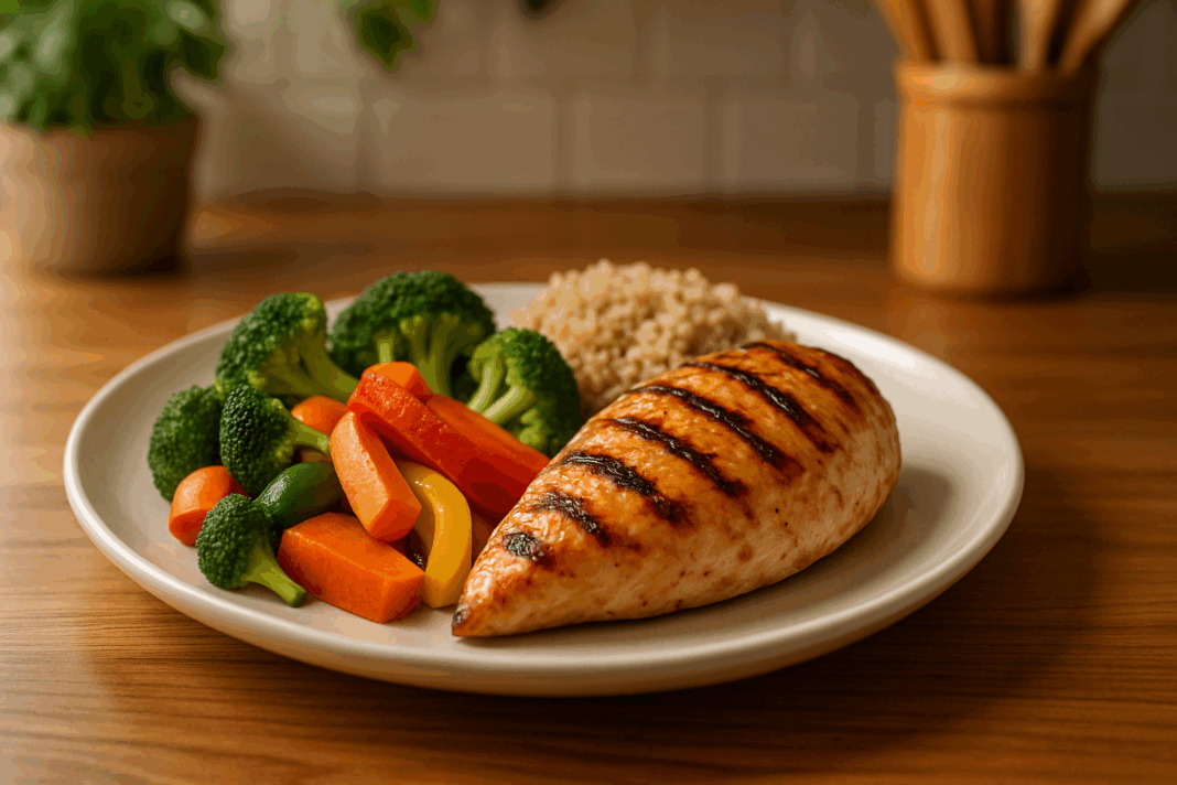 Grilled chicken breast served with steamed broccoli, carrots, bell peppers, and quinoa on a white plate—healthy example of meals with chicken breast fillets.
