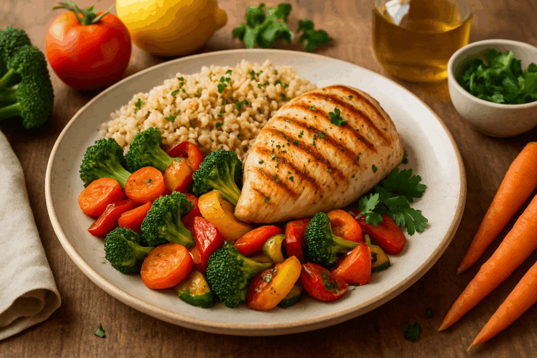 Grilled chicken breast served with quinoa and colorful roasted vegetables on a rustic table — perfect for healthy chicken dinner ideas.