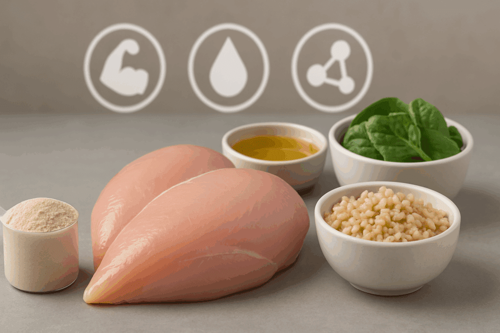 Raw skinless chicken breast with spinach, brown rice, olive oil, and protein powder—ingredients for healthy chicken dinner ideas.