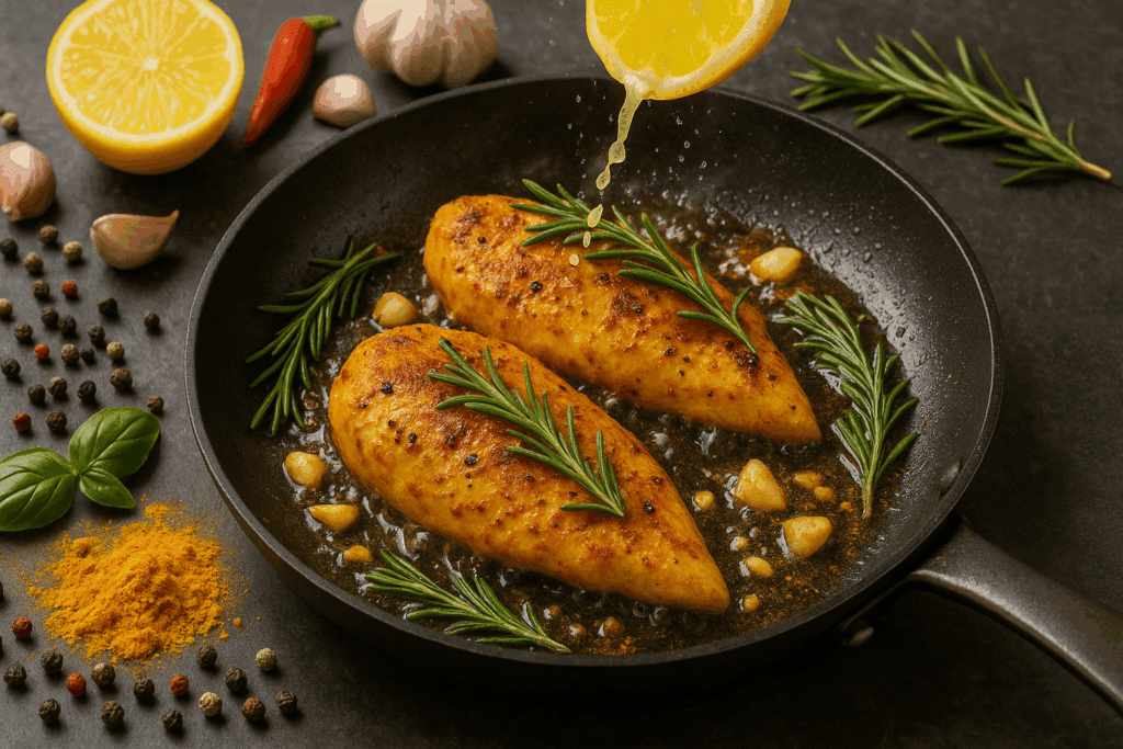 Sizzling chicken breasts cooked with turmeric, rosemary, garlic, and lemon juice in a skillet — a vibrant example of healthy chicken dinner ideas.