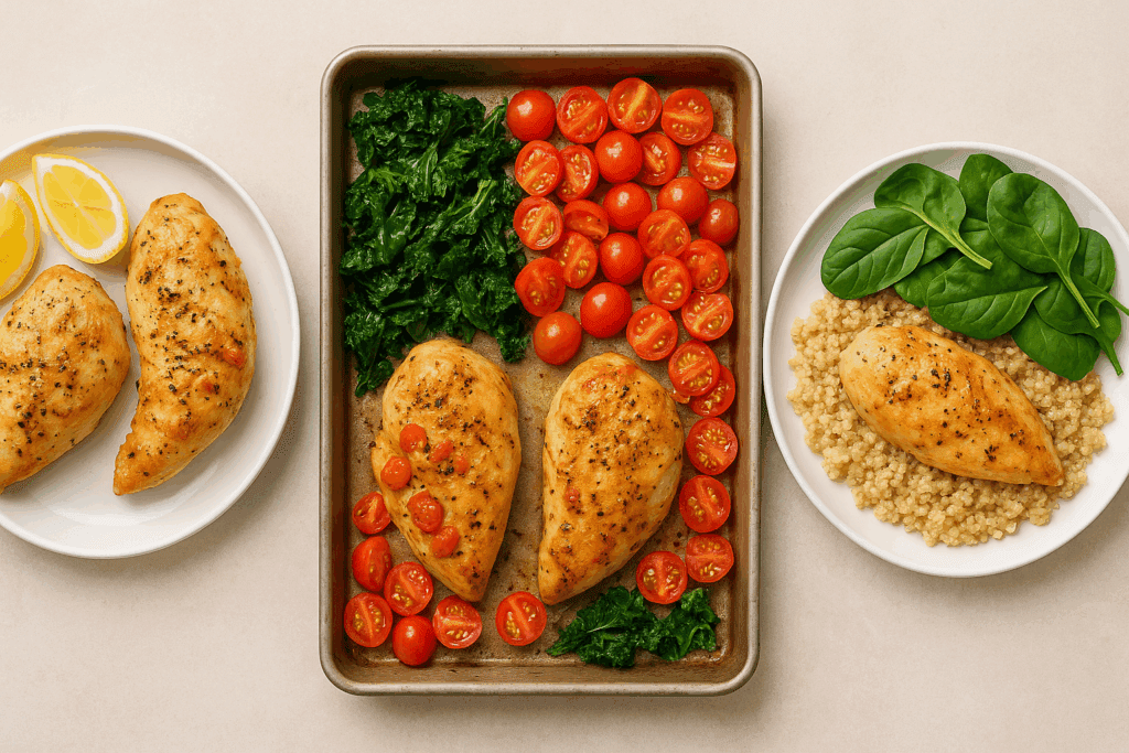 Three healthy chicken dinner ideas shown as lemon pepper chicken, cherry tomato and kale chicken, and quinoa with spinach.