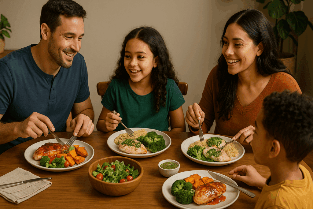 Family of four enjoying healthy chicken dinner ideas with barbecue chicken, pesto-stuffed chicken, and colorful vegetables around a warm dinner table.