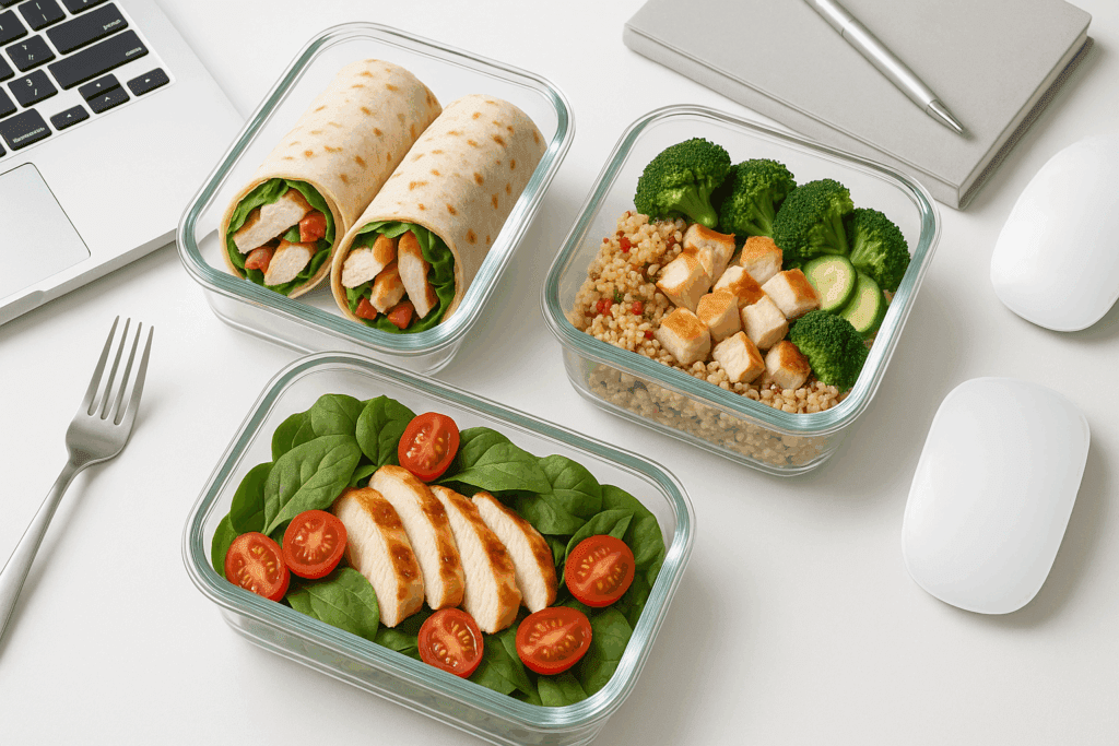 Meal-prepped glass containers with grilled chicken wraps, quinoa bowls, and spinach salads highlighting Healthy Chicken Dinner Ideas for energy and nutrition.