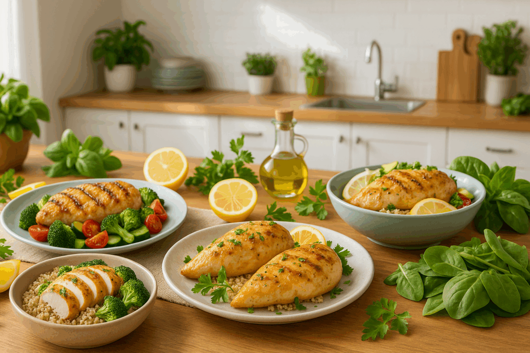 Grilled chicken breast with vegetables, lemon-herb roasted chicken, and chicken quinoa bowls on a kitchen table, featuring fresh ingredients—perfect examples of healthy chicken recipes for weight loss.