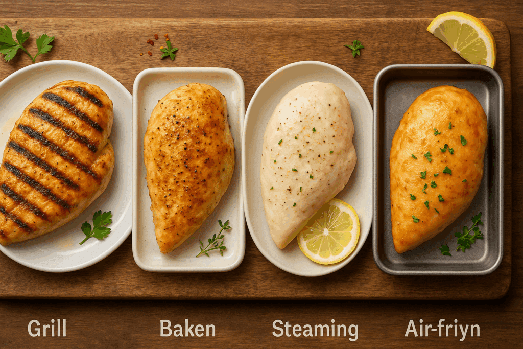 Grilled, baked, steamed, and air-fried chicken breasts plated with herbs and citrus, showing healthy chicken recipes for weight loss.