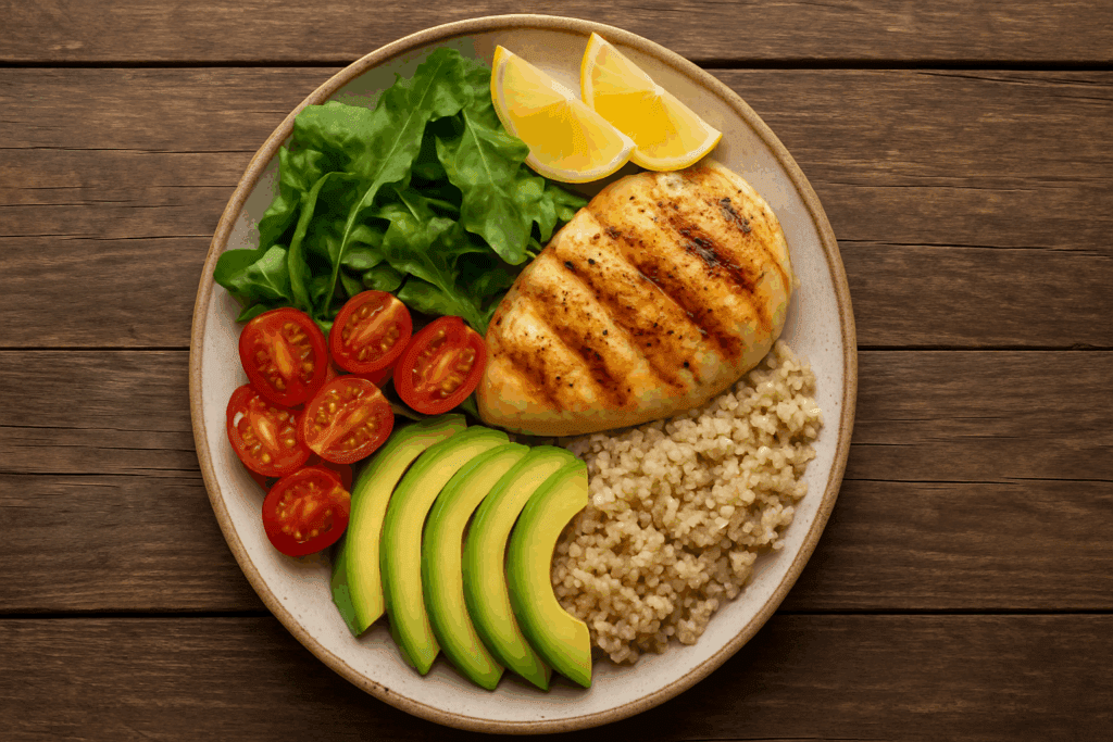 Grilled chicken breast served with quinoa, avocado, leafy greens, cherry tomatoes, and lemon wedges on a rustic wooden table—perfect for healthy chicken recipes for weight loss.
