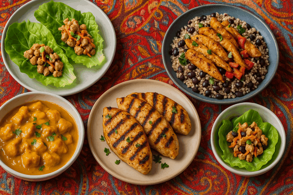 Small portions of healthy chicken recipes for weight loss including Indian curry, Mediterranean grilled chicken, Asian lettuce wraps, and Latin-style chicken with quinoa on colorful plates.