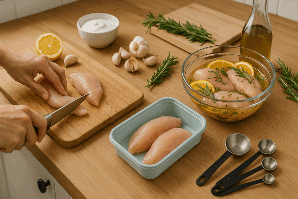 Person meal prepping healthy chicken recipes for weight loss with citrus marinade, garlic, yogurt, and herbs in a home kitchen.
