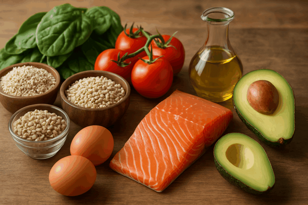 Fresh ingredients for the best diabetic recipes, including salmon, avocado, quinoa, lentils, leafy greens, and tomatoes on a rustic wooden counter.