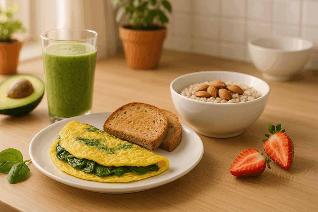 Spinach omelet with whole grain toast, steel-cut oats topped with almonds, and a green smoothie in morning light—ideal for best diabetic recipes.