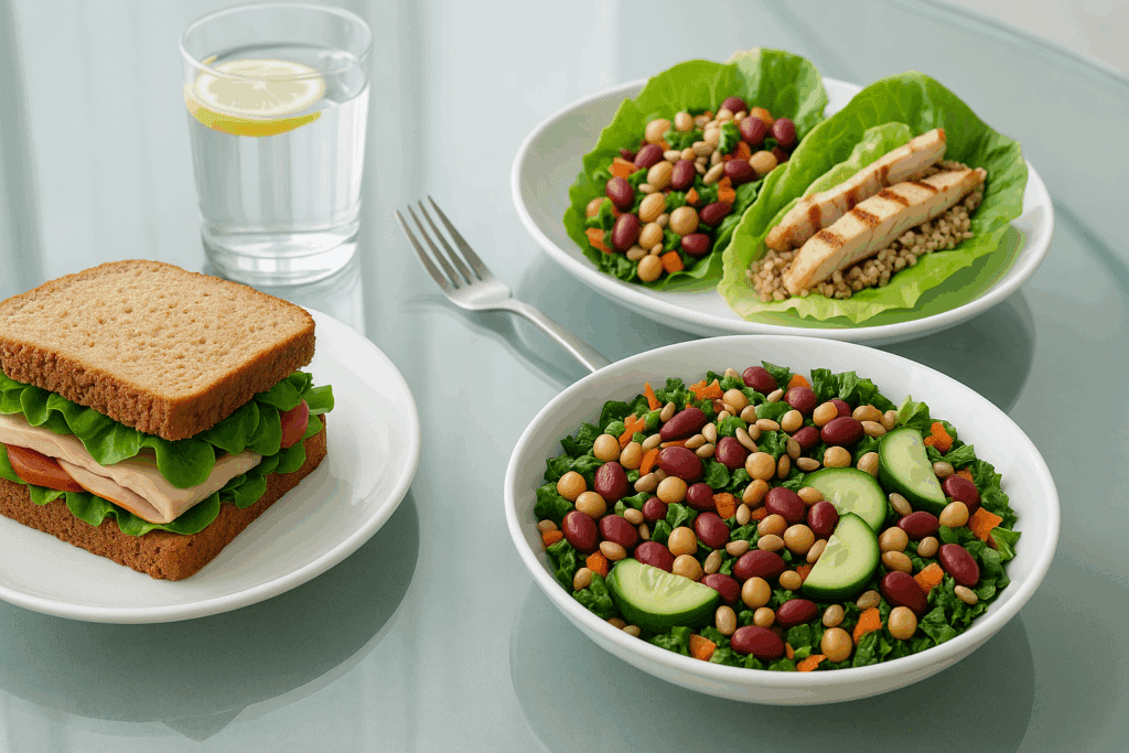 Healthy lunch spread featuring whole grain sandwich, lettuce wraps, and bean salad for best diabetic recipes.