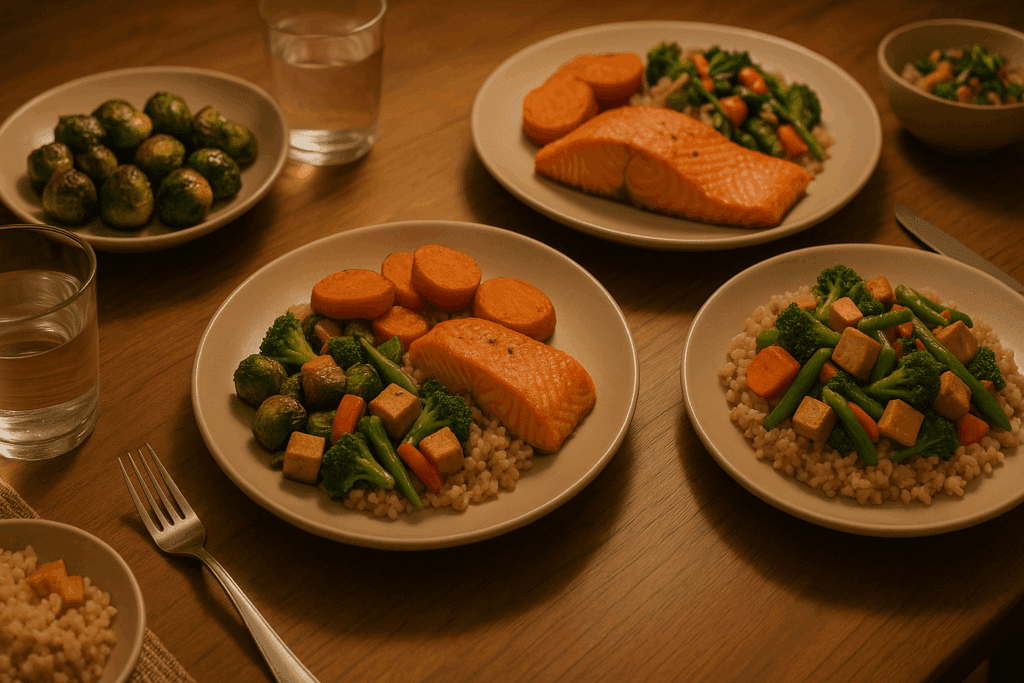 Dinner table with baked salmon, roasted Brussels sprouts, sweet potatoes, and tofu vegetable stir-fry over brown rice, showcasing one of the best diabetic recipes for a healthy evening meal.