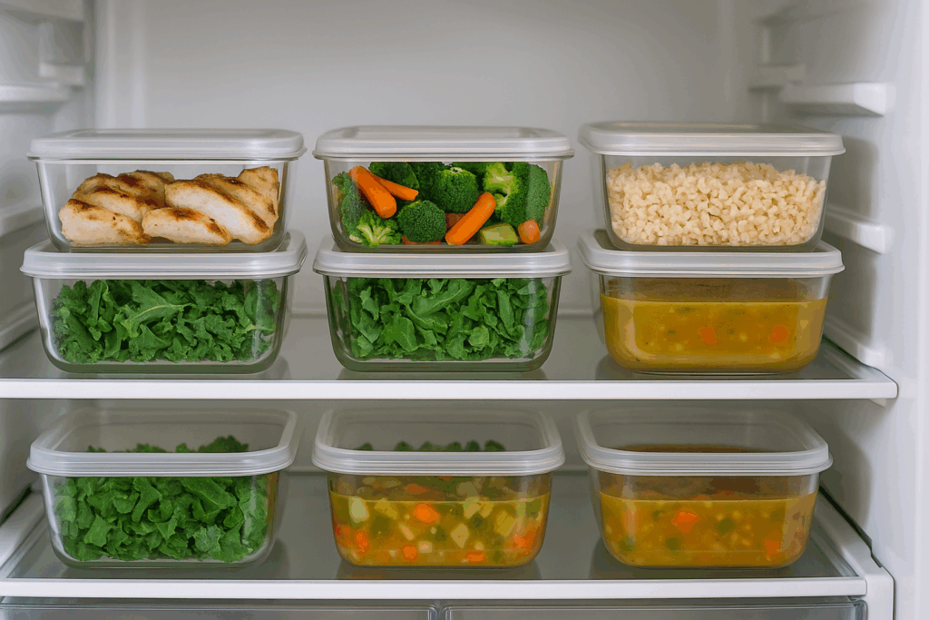 Neatly organized refrigerator shelves filled with clear containers of grilled chicken, brown rice, vegetables, chopped greens, and soup—perfect for meal prep with the best diabetic recipes.