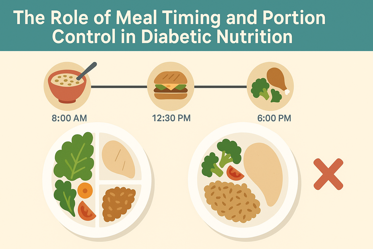 Visual comparison of ideal and improper diabetic plate portions with a timeline of meal times, illustrating principles behind the best diabetic recipes.