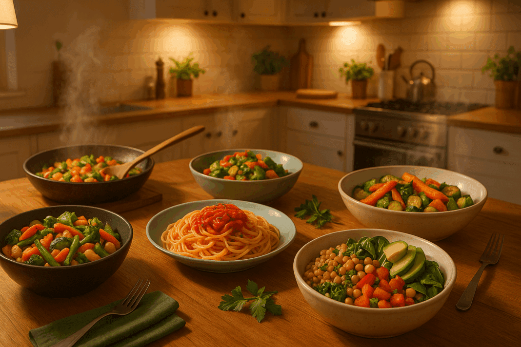 Family-style kitchen table with healthy meals like pasta, stir-fry, grain bowls, and roasted veggies—ideal inspiration for what to make for dinner this week.