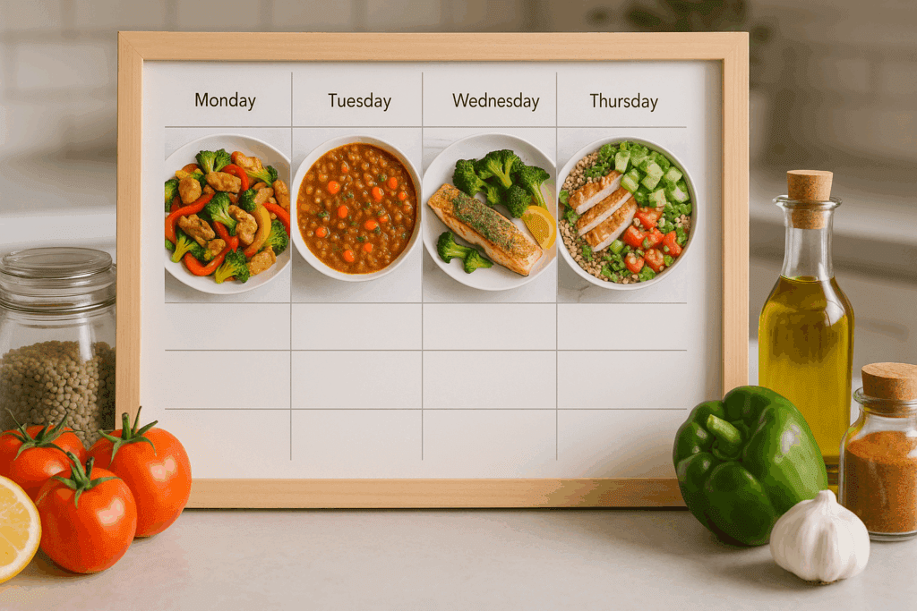 Weekly dinner plan board with colorful meals like chicken stir-fry, lentil stew, salmon, and grain bowls—ideal for deciding what to make for dinner this week.