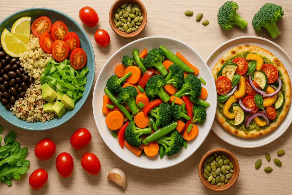 Colorful top-down view of fast-prep healthy meals—quinoa and black bean bowl, veggie stir-fry, and roasted veggie flatbread—perfect for what to make for dinner this week.