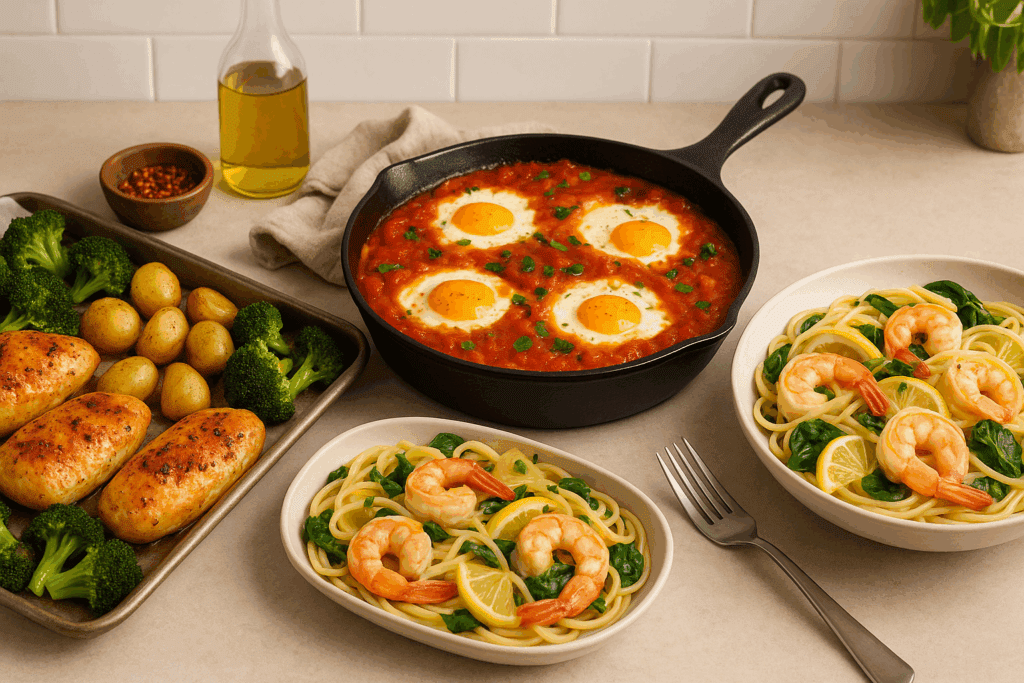 Sheet pan chicken with potatoes and broccoli, shakshuka in a skillet, and lemon shrimp pasta—easy ideas for what to make for dinner this week.