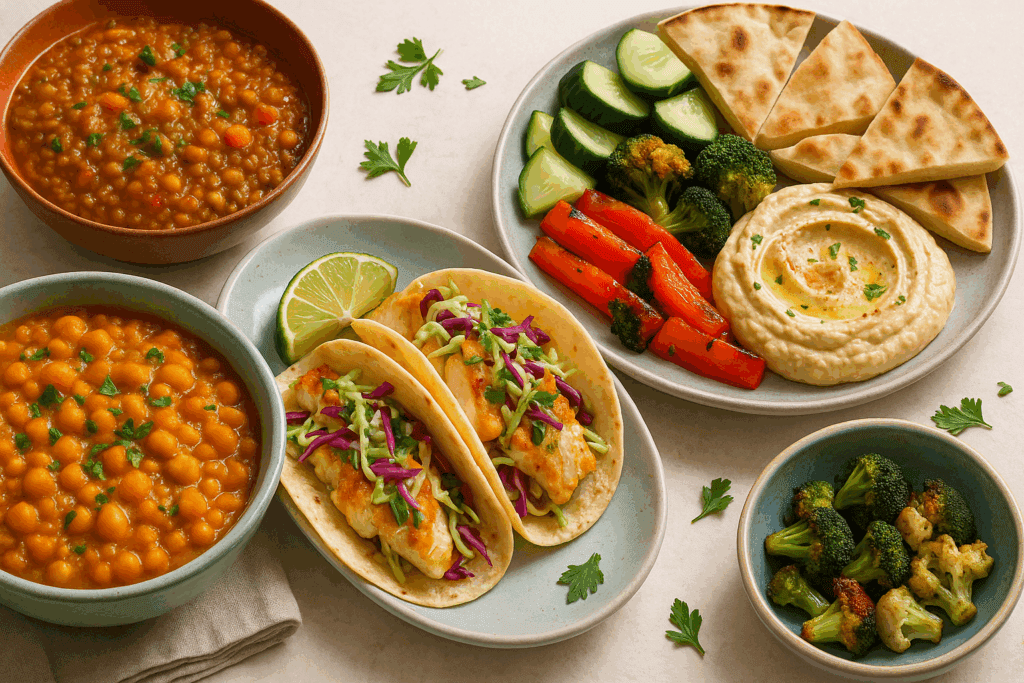 Colorful spread of global quick meals—chickpea curry, lentil stew, fish tacos with slaw, and Mediterranean mezze—showing what to make for dinner this week.
