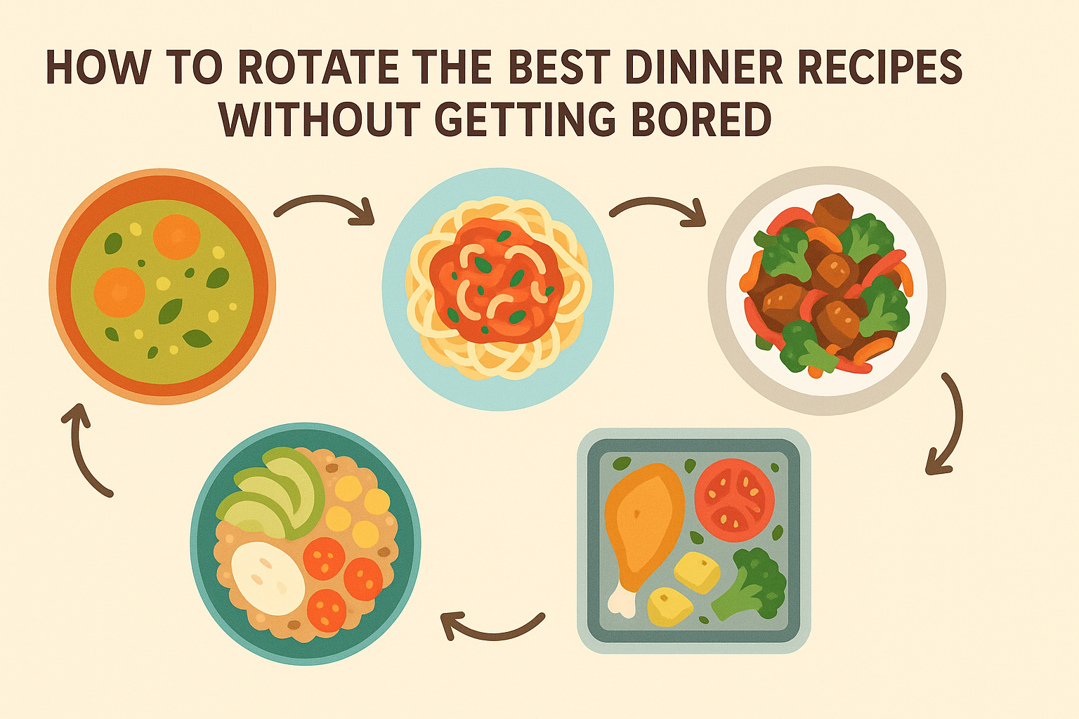 Weekly meal rotation diagram showing soups, pastas, stir-fries, sheet pan meals, grain bowls, and a new recipe night—an illustration of what to make for dinner this week.