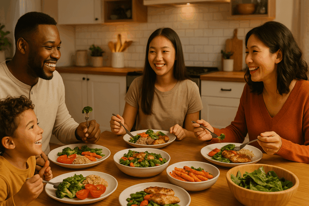 Diverse family of four enjoying easy weeknight dinners at a cozy kitchen table with healthy plates of vegetables, grains, and lean protein.