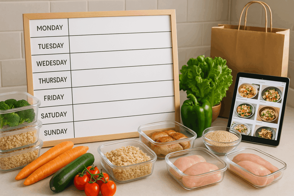 Weekly meal planner with healthy ingredients, reusable containers, and a digital recipe app for easy weeknight dinners.
