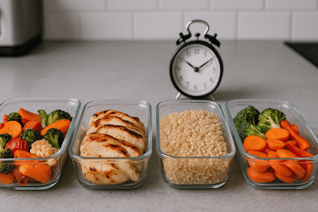 Meal-prepped ingredients for easy weeknight dinners, including grilled chicken, cooked grains, roasted vegetables, and fresh-cut produce on a kitchen counter with a clock in the background.