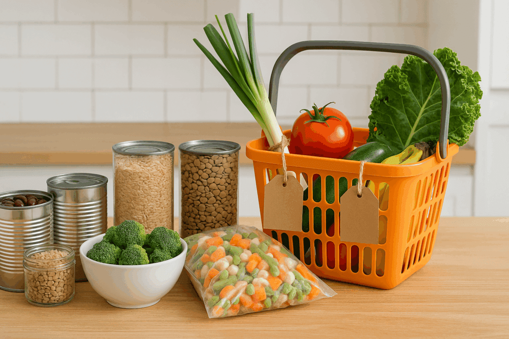 Grocery haul of healthy staples for easy weeknight dinners, including canned beans, brown rice, lentils, broccoli, frozen vegetables, and fresh produce in a basket.